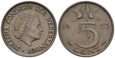 Нидерланды 5 центов 1953 Юлиана (1948-1980) KM 181 бронза 259-1056