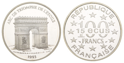 Франция 100 франков - 15 экю 1993 серия архитектурные монументы европы (Триумфальная арка в Париже), в оригинальной коробке, сертификат KM 1031 серебро  PROOF  1-6-4-66