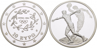 Греция 10 евро 2003 XXVIII летние Олимпийские игры 2004 года в Афинах, метание диска, дискобол KM 191 серебро PROOF 04-101-13