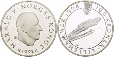 Норвегия 100 крон 1992 зимние Олимпийские игры 1994 года в Лиллехаммере, прыжки с трамплина KM 440 серебро BUNC 11-271-44