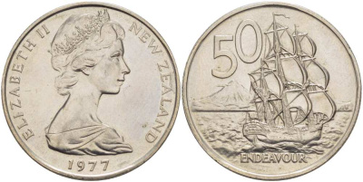 Новая Зеландия 50 центов 1977 Елизавета II (1952-2022), парусник Индевор KM 37.1 медно-никель 215-446