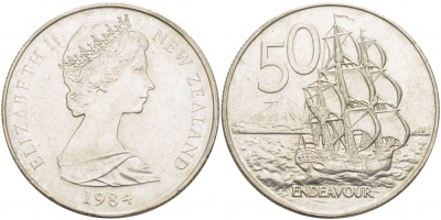 Новая Зеландия 50 центов 1984 Елизавета II (1952-2022), парусник Индевор KM 37.1 медно-никель 215-434