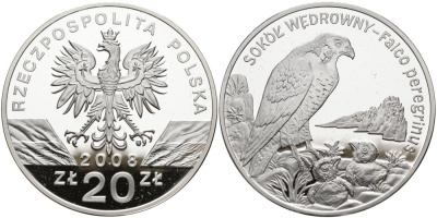 Польша 20 злотых 2008 серия всемирная природа, сапсан KM 637 серебро PROOF 01-150-13