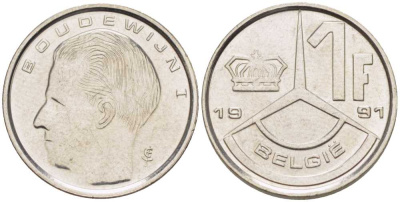 БЕЛЬГИЯ 1 ФРАНК 1991 BELGIE, БОДУЭН I (1951-1993) KM 171 железо плакированное никелем 206-228