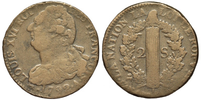 ФРАНЦИЯ 2 СОЛЯ 1792 А, МОНДВОР ПАРИЖ, ЛЮДОВИК XVI (1774-1793) KM 603.1 (С 89.1) бронза 1524-1345