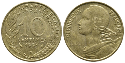 ФРАНЦИЯ 10 САНТИМОВ 1991 ТИП MARIANNE KM 929, LE FRANC 144.31 медь алюминий никель 93-1334