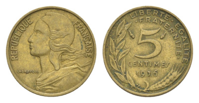 Франция 5 сантимов 1976 тип Morlon KM 933, Le Franc 125.12 алюминиевая бронза 4630-329