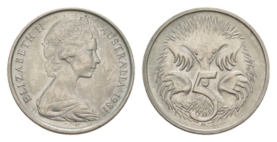 Австралия 5 центов 1981 Елизавета II (1952-2022) молодой портрет, ехидна KM 64 медно-никель UNC 4658-111