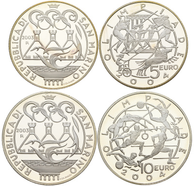Сан-Марино набор 5 и 10 евро 2003 Олимпийские игры в Афинах 2004, виды спорта, в оригинальной коробке, с сертификатом KM 453, 454 серебро PROOF 7-1-65