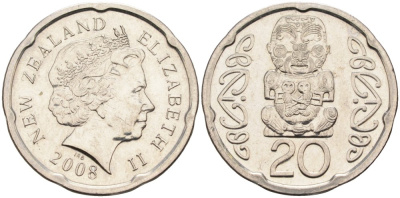 Новая Зеландия 20 центов 2008 Елизавета II (1952-2022), идол Пукаки KM 118а никелированная сталь 4579-1225