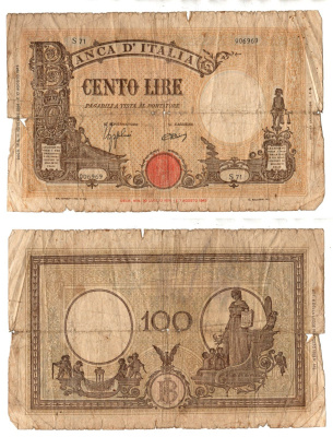 Италия 100 лир 1944 Pick 67 a бумага 7375-37-2-1