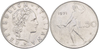 ИТАЛИЯ 50 ЛИР 1971 R, БОГ ОГНЯ ВУЛКАН У НАКОВАЛЬНИ KM 95.1 нержавеющая сталь 4551-354