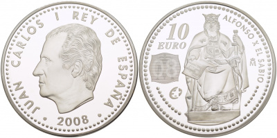 Испания 10 евро 2008 Альфонсо X Кастильский, мудрый, король Испании, астролог и астроном KM 1203 серебро  PROOF  00-00