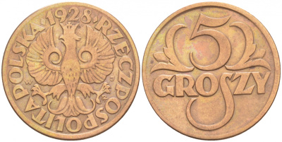 ПОЛЬША 5 ГРОШЕЙ 1928 w KM 10а бронза 100-952