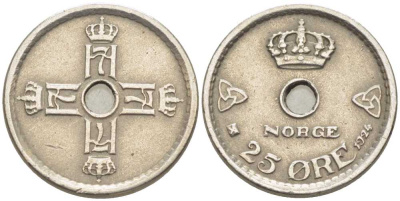 НОРВЕГИЯ 25 ЭРЕ 1924 ХОКОН VII (1905-1957) KM 384 медно-никель 116-1115