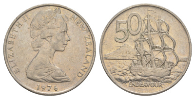 Новая Зеландия 50 центов 1976 Елизавета II (1952-2022), парусник Индевор KM 37.1 медно-никель 4645-1144