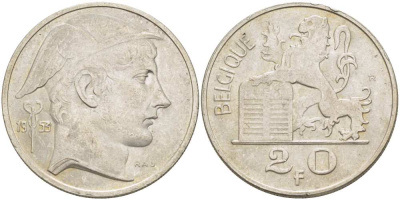 Бельгия 20 франков 1953 Бодуэн I (1951-1983), BELGIQUE KM 140.1 серебро 4512-1111