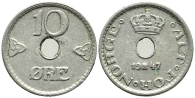 НОРВЕГИЯ 10 ЭРЕ 1947 ХОКОН VII (1905-1957) KM 383 медно-никель 4392-1322