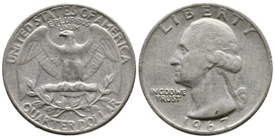 США 25 центов (квотер) 1967 Вашингтон KM 164а медь плакированная медно-никелем 4382-1043