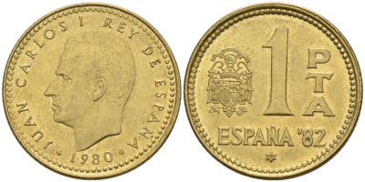 Испания 1 песета 1980 (81) Хуан Карлос I (1975-2001), ЧМ по футболу КМ 816 алюминиевая бронза 4573-353