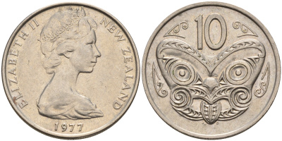 Новая Зеландия 10 центов 1977 Елизавета II (1952-2022), маска маори KM 41.1 медно-никель    4603-253