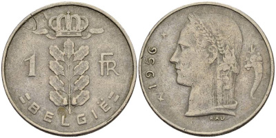 БЕЛЬГИЯ 1 ФРАНК 1956 BELGIE KM 143.1 медно-никель 4546-344
