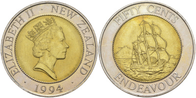 Новая Зеландия 50 центов 1994 Елизавета II (1952-2022), парусник Индевор KM 90 биметалл UNC 1522-1342