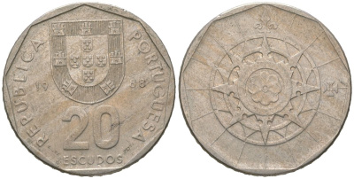 Португалия 20 эскудо 1988 KM 634 медно-никель 4620-444