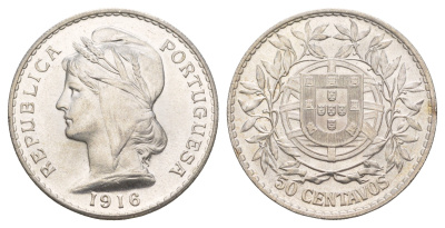 Португалия 50 сентаво 1916 KM 561 серебро UNC 3896-1622