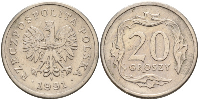 Польша 20 грошей 1991 MW KM 280 медно-никель    4564-238