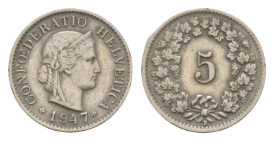 Швейцария 5 раппенов 1947 B KM 26 медно-никель 4532-648