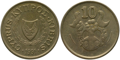 Кипр 10 центов 1991 KM 56.3 никель латунь 4380-315