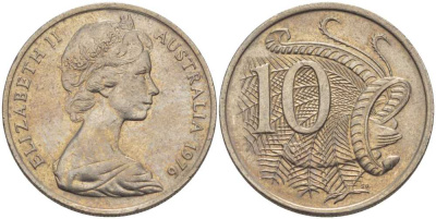 Австралия 10 центов 1976 Елизавета II (1952-), птица лирахвост KM 65 медно-никель 4382-956