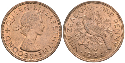 Новая Зеландия 1 пенс 1964 Елизавета II (1952-2022), новозеландский туи KM 24.2 бронза  aUNC  4367-846