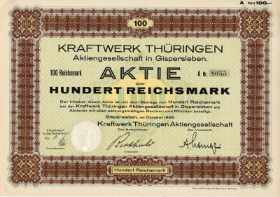 Германия 100 рейхсмарок 1929 АО Электростанция Тюрингии, акция бумага   8801-113-1