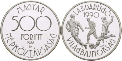 Венгрия 500 форинтов 1988 чемпионат мира по футболу в Италии 1990 года KM 667 серебро PROOF 1074-9-54