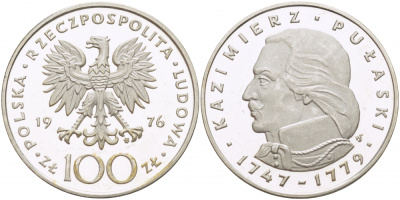 Польша 100 злотых 1976 MW, Казимир Пулавский (1747-1779) KM 84, Parchimowicz 275 серебро PROOF 1082-1-23
