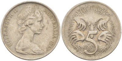 АВСТРАЛИЯ 5 ЦЕНТОВ 1967 ЕЛИЗАВЕТА II, МОЛОДОЙ ПОРТРЕТ, ЕХИДНА KM 64 медно-никель 4385-647