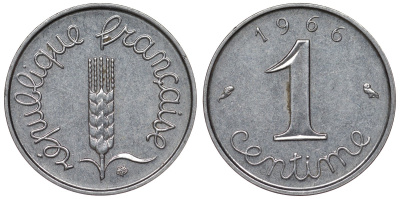 Франция 1 сантим 1966 пятая республика KM 928, Le Franc 106.12 нержавеющая сталь 4124-366