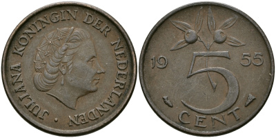 НИДЕРЛАНДЫ 5 ЦЕНТОВ 1955 ЮЛИАНА KM 181 бронза 95-315