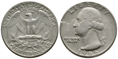 США 25 центов (квотер) 1966 Вашингтон KM 164а медь плакированная медно-никелем 57-417