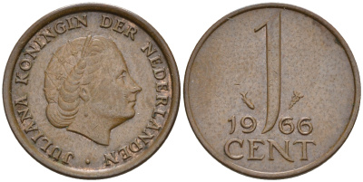 Нидерланды 1 цент 1966 Юлиана (1948-1980), малая дата КМ 180 бронза    4124-312