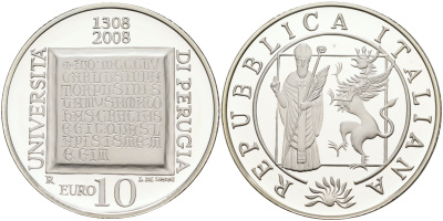 Италия 10 евро 2008 700 лет Университету Перуджиа KM 306 серебро PROOF 02-116-34