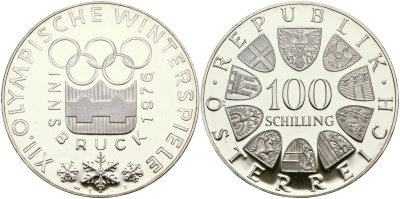 Австрия 100 шиллингов 1974 XII зимние Олимпийские игры в Инсбруке, эмблема KM 2926 серебро PROOF 02-118-11