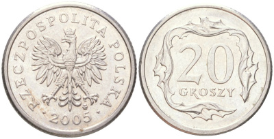 Польша 20 грошей 2005 Y 280 медно-никель UNC 4614-329
