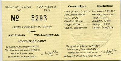Франция 1 евро = 6,55957 франков 2000 романский стиль в архитектуре Средневековья (X-XII века) в коробке с сертификатом KM 1245 серебро PROOF 4-3-3-09