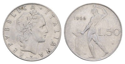 Италия 50 лир 1966 R, бог огня Вулкан у наковальни KM 95.1 нержавеющая сталь 4551-1016