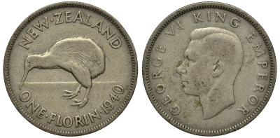 Новая Зеландия 1 флорин 1940 Георг VI (1936-1952), птичка киви KM 10.1 серебро 272-1514