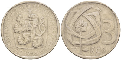 ЧЕХОСЛОВАКИЯ 3 КРОНЫ 1966 KM 57 медно-никель 4551-731
