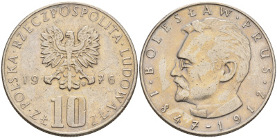 Польша 10 злотых 1976 MW, Болеслав Прус KM 73 медно-никель    4159-1254